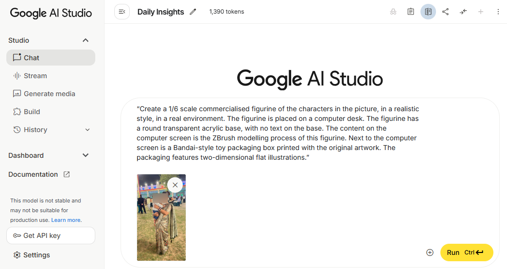 upload the photo of the person or character you want to transform into a figurine. Just click on the “+” icon in the chat box and select your image.